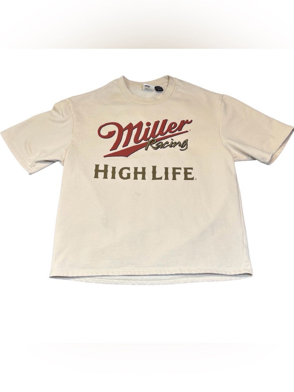 Vintage Miller High Life Racing Graphic Tee Cream Medium Beer Promo NASCAR
